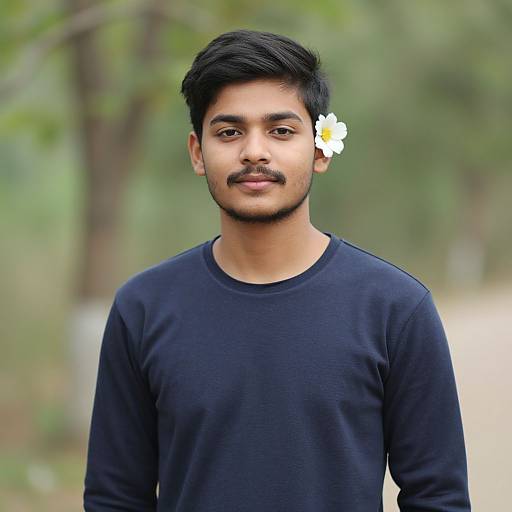 Photograph of a young Indian man with black hair, mustache, wearing a navy sweater, and a white flower on his left ear, standing outdoors
