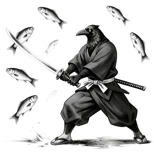 Cross-Hatched Samurai Crow Slicing Fish