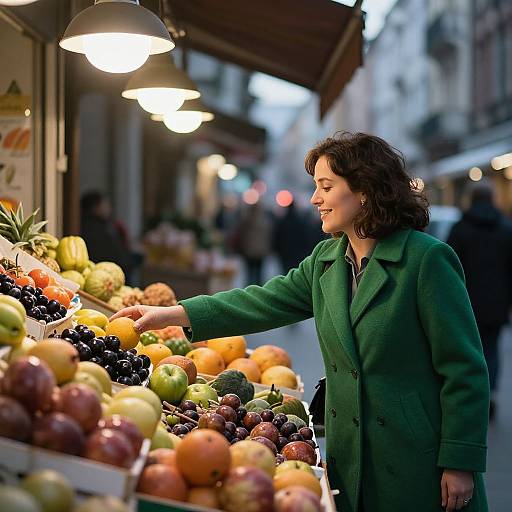 Photograph of a smiling woman with curly brown hair in a green coat, selecting fruit at an outdoor market stall.