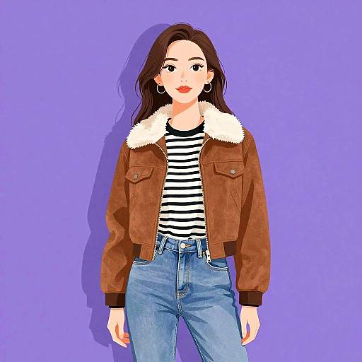 Digital drawing of a woman with long brown hair, red lipstick, wearing a brown jacket with white fur collar, black-and-white striped shirt, and blue