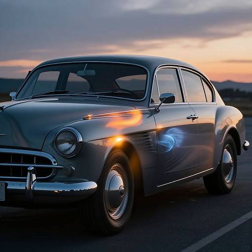 Photograph of a silver, vintage classic car with neon blue and orange light effects, parked on a road at sunset.