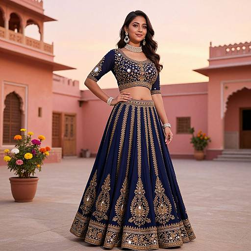 Photograph of a stunning Indian woman in a navy blue, gold-embroidered lehenga, standing in a pink-hued, traditional courtyard with