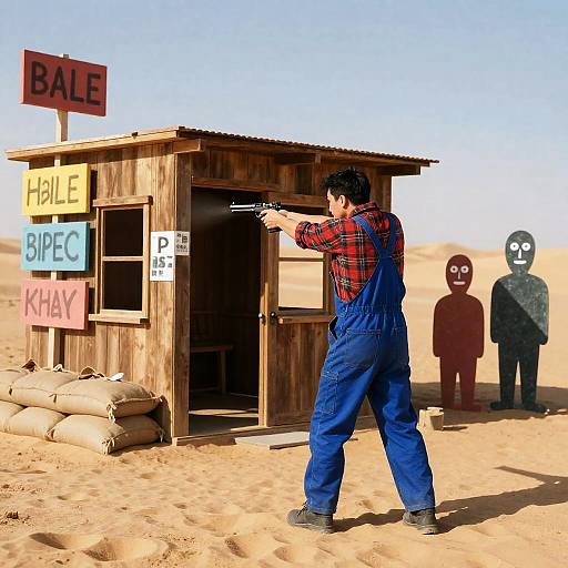 Desert Showdown: Man in Overalls Aiming