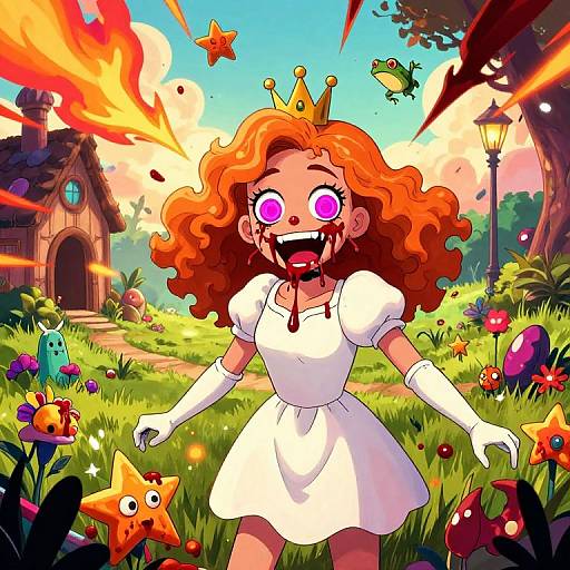 Digital cartoon: Crazy red-haired girl with purple eyes, white dress, crown, and gloves, amidst vibrant flowers and stars, with explosive fire and a