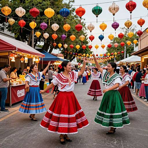 Photograph of four female dancers in traditional Spanish flamenco dresses, red, blue, green, and brown, performing in a lively street festival with colorful