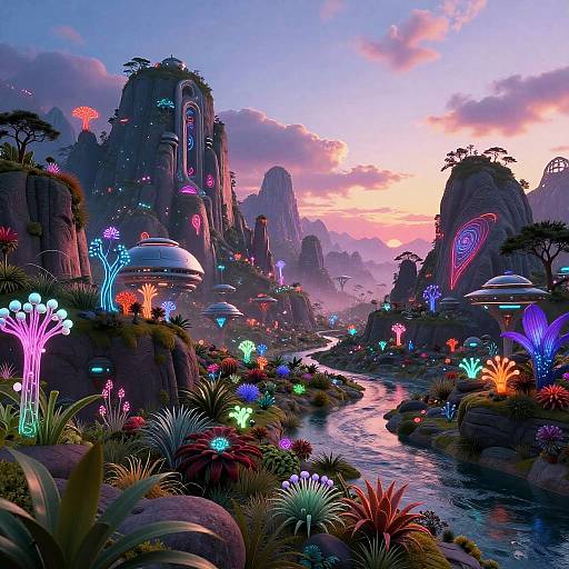 Digital art of a vibrant, neon-lit futuristic landscape with glowing plants, floating domes, and towering rock formations along a winding river at sunset.