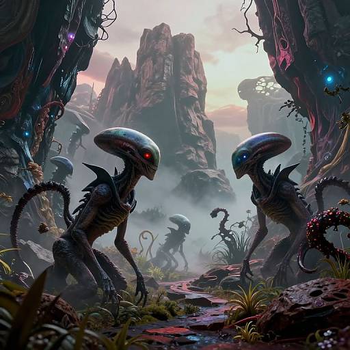 Digital art: Alien-like creatures with sleek, dark exoskeletons and glowing red/blue eyes confront each other in a misty, rocky, sci