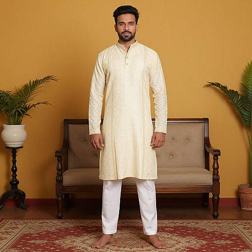 Photograph of a bearded Indian man with medium skin tone, wearing a cream embroidered kurta and white pants, standing barefoot in front of a