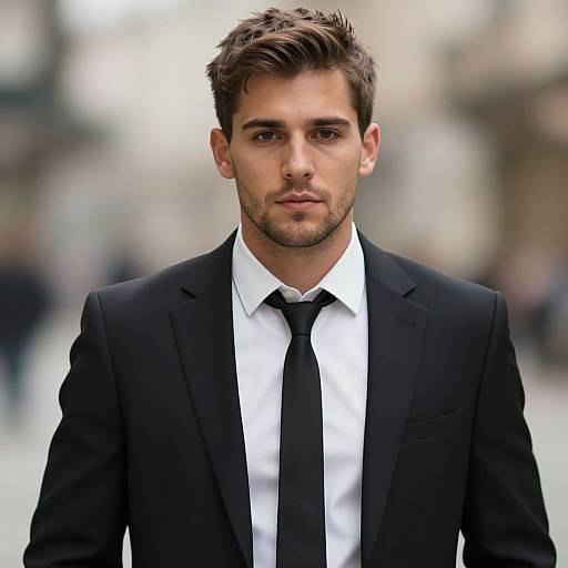 Photograph of a handsome, young Caucasian man with short brown hair, light stubble, wearing a black suit, white shirt, and black tie,