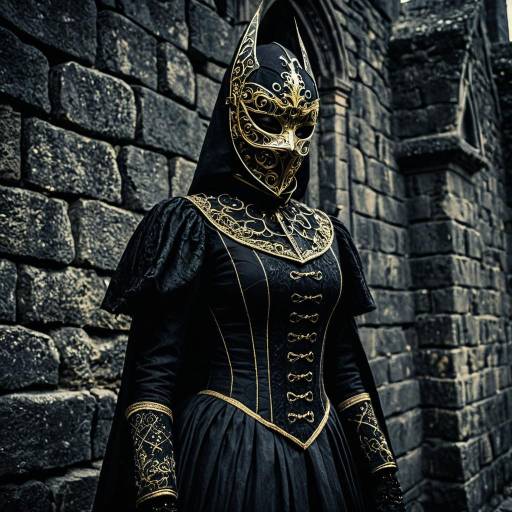 Mysterious Gothic Figure in Black and Gold Mask