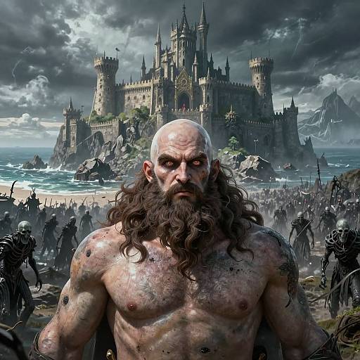 Digital art: Bald, muscular, bearded man with scars stands in front of a medieval castle, surrounded by dark-clad soldiers on a stormy