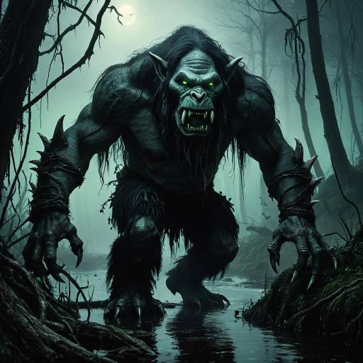 Mysterious Troll in Foggy Twilight Swamp