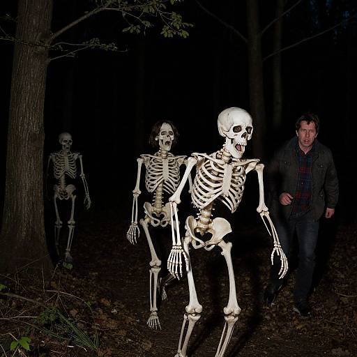 Photograph of a dark forest at night with three glowing white skeletons walking, one in front and two behind, a frightened man in a dark jacket following