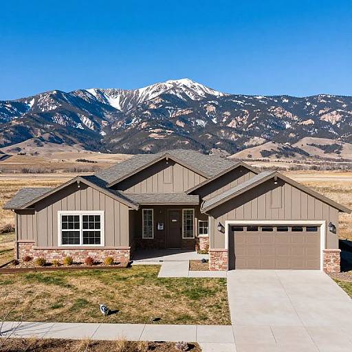 Photograph of a modern, brown, single-story house with a gray roof, set in a grassy yard, in front of snow-capped mountains