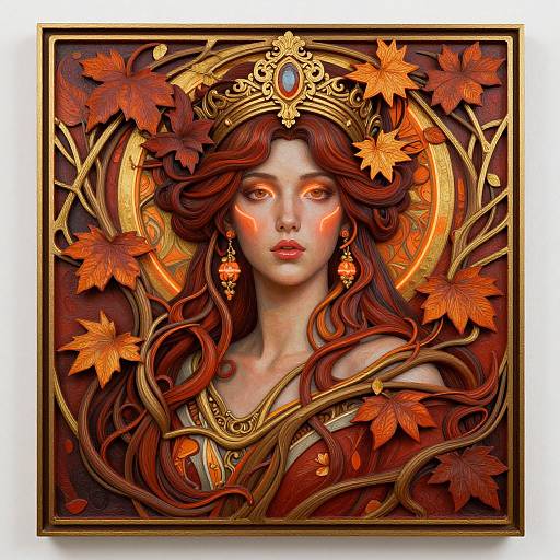Digital art of a fair-skinned woman with flowing red hair, glowing orange eyes, and ornate gold jewelry, surrounded by autumn leaves, framed by