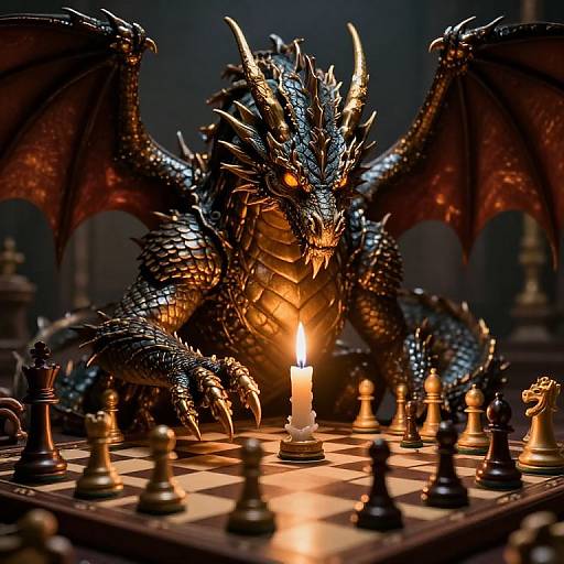 Photorealistic CGI: A fierce, black-scaled dragon with glowing orange eyes and wings hovers over a chessboard, illuminated by a single candle