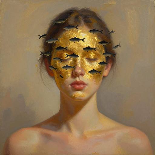 Digital painting of a woman with golden face, black fish overlaying eyes, bare shoulders, neutral background, realistic yet surreal style.