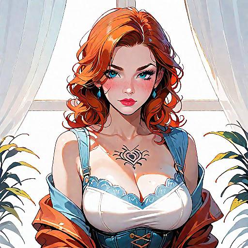 Redhead Woman in Denim Corset with Tattoo