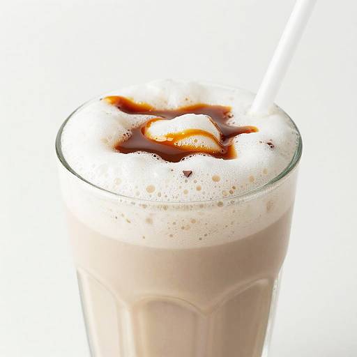 Photograph of a frothy, light brown iced coffee with caramel drizzle, in a clear glass, against a bright white background.