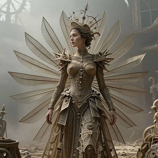 Photograph of a steampunk queen with elaborate, metallic, insect-like wings, wearing ornate, golden armor and intricate dress, standing in a