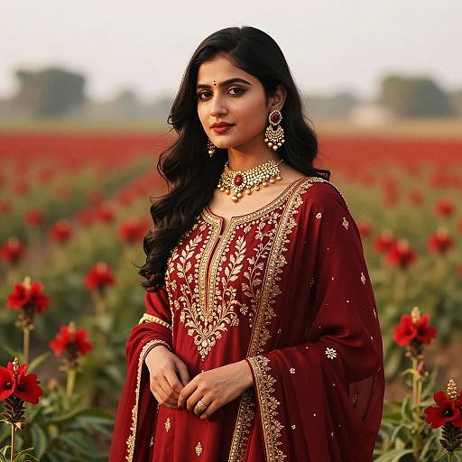Graceful Woman in Blooming Red Flowers