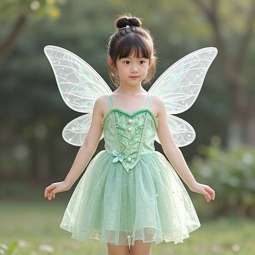 Photograph of an Asian girl with black hair in a bun, wearing a green fairy dress and translucent wings, standing in a sunlit, green park