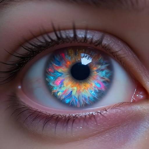 Close-up photograph of a human eye with a vivid, multicolored iris, featuring blue, red, orange, and yellow flecks, surrounded by