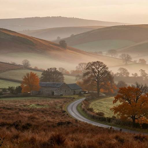 Photograph of a misty, autumnal countryside with a winding road leading to a stone house, surrounded by hills, trees, and warm sunlight.