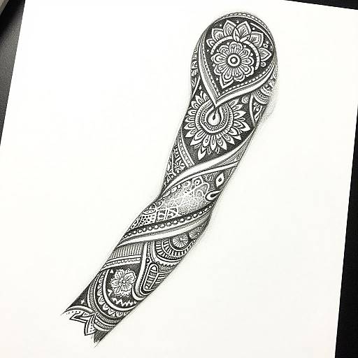 Black and white intricately detailed tattoo-style drawing of a microphone with floral and geometric patterns covering the entire object.