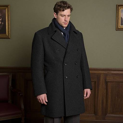 Photograph of a young man with short brown hair, wearing a black double-breasted coat and navy scarf, standing in a wood-paneled room with