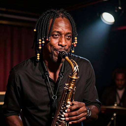 Photograph of a Black man with dreadlocks playing a golden saxophone on stage, wearing a black shirt, under spotlight.