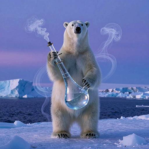 Photograph of a polar bear standing on ice, holding a glowing bong with smoke swirling, against a blue Arctic seascape.
