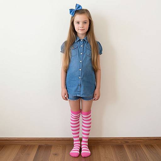 Photograph of a young girl with long brown hair, blue denim dress, pink and white striped knee-high socks, blue bow, standing on wooden floor