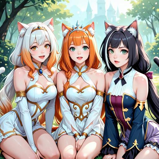 Three Cat Girls with Colorful Hair