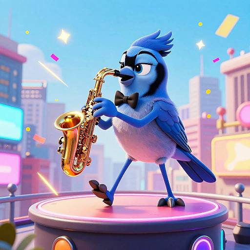 Jazzy Blue Jay's Neon Rooftop Jam