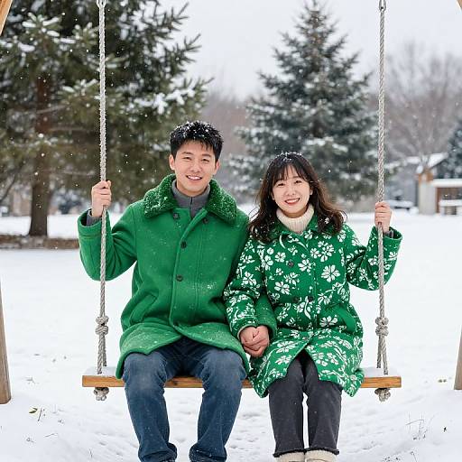 Joyful Family on Snowy Swing