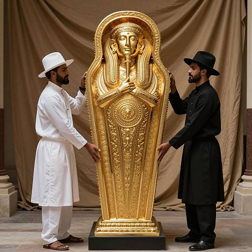 Men in Hats Lifting Golden Sarcophagus