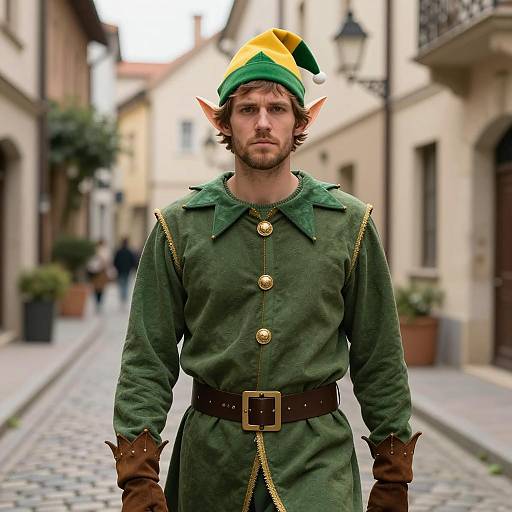 Man in Realistic Elf Costume in Cobblestone Alley