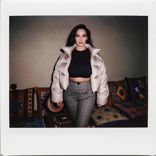 Photograph of a curvy woman with dark curly hair, wearing a white puffy jacket, black crop top, and gray plaid pants, standing