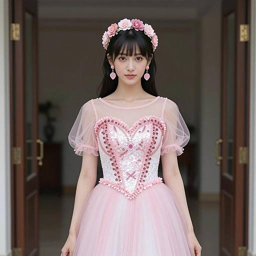 Elegant Asian Woman in Pink Sequin Dress
