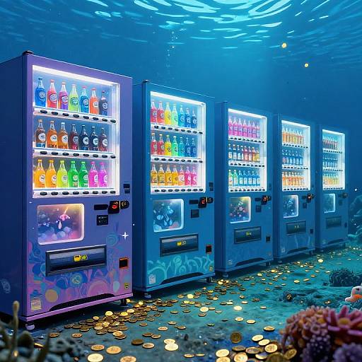 Photograph of brightly lit, colorful vending machines with neon lights, displaying various liquor bottles, set against a blue, underwater-themed background with scattered coins on