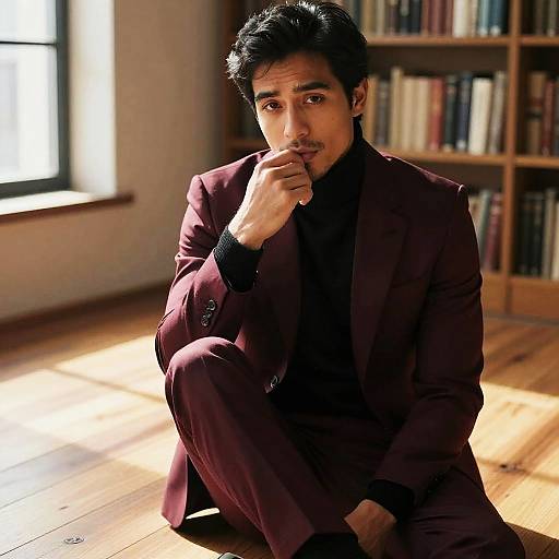 Photograph of a dark-haired man in a maroon suit, sitting on wooden floor, thinking, with sunlight streaming through window, bookshelf in background