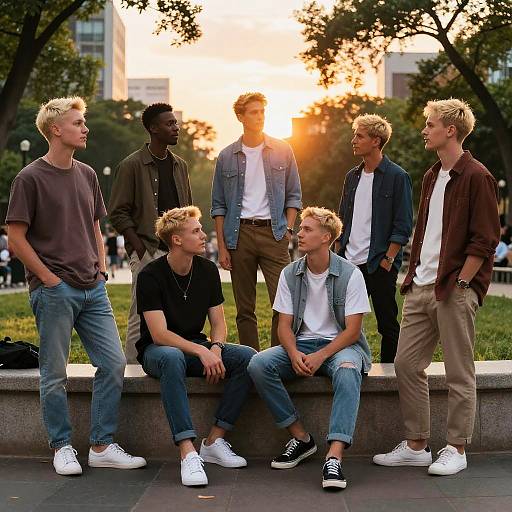 Photograph of six young men with blonde hair, casual outfits, standing and sitting on a park bench at sunset, discussing. Sunlight filters through trees