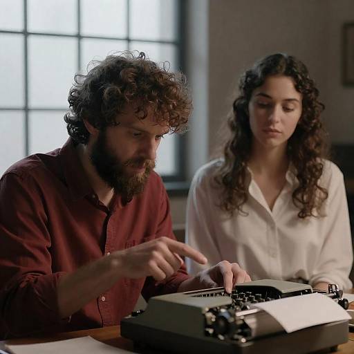 Man and Woman Using Typewriter in Dimly Lit Room