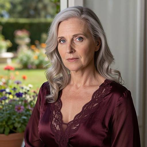 Photograph of an elderly Caucasian woman with silver-gray hair, wearing a deep purple lace-trimmed blouse, standing in a garden with colorful flowers and