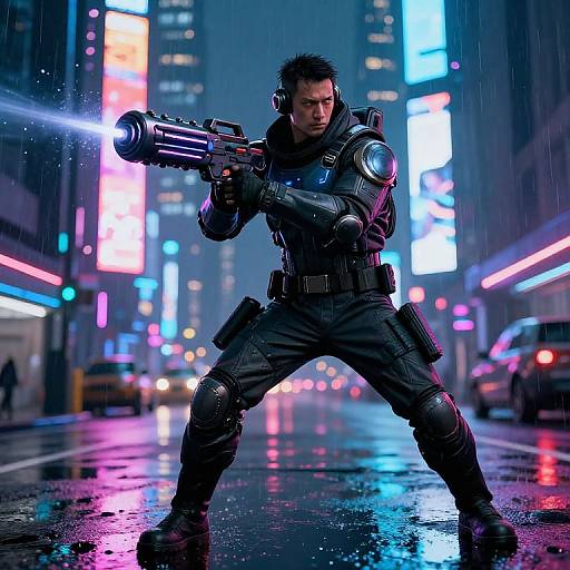 Cyberpunk soldier with glowing gun, dark armor, and serious expression stands in rainy, neon-lit city street, holding weapon at shoulder height.