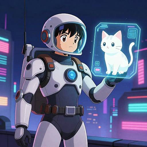 Futuristic Explorer with AI Hologram Cat