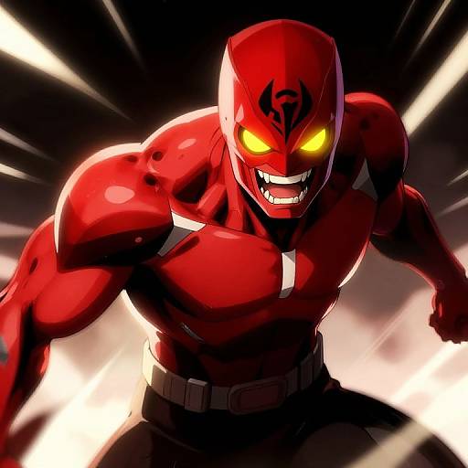 Digital illustration of a muscular, red-skinned villain with glowing yellow eyes, sharp teeth, and a black tribal tattoo on his forehead, illuminated by bright