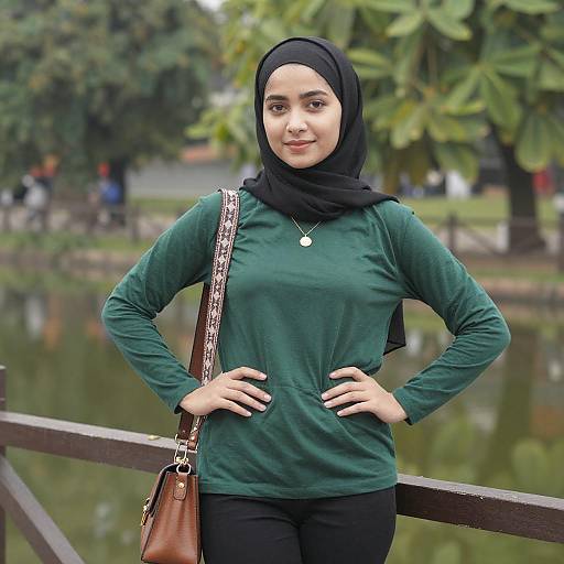 Young Woman by Tree-Lined Pond