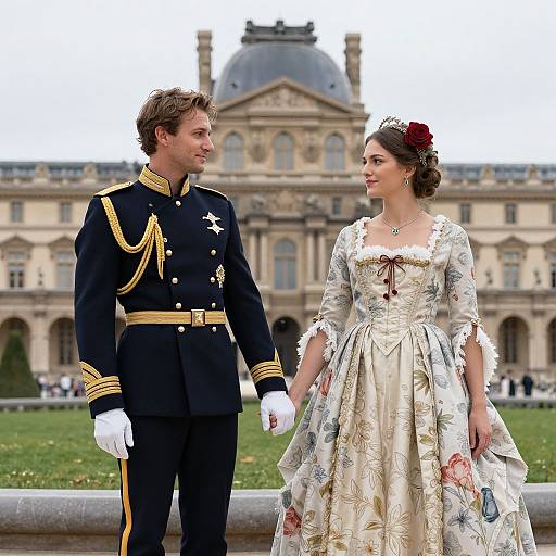 Photograph of a handsome man in a black military uniform with gold trim, holding hands with a beautiful woman in a floral, cream gown, standing in